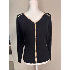 Emma James Diamond Button Blouse Black Cream Trim Large